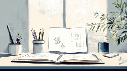 Minimalist Digital Illustration, Open Sketchbooks with Rough Pencil Sketches and Pencils on Table, Clean Lines, Muted Earthy Tones, Soft Lighting  