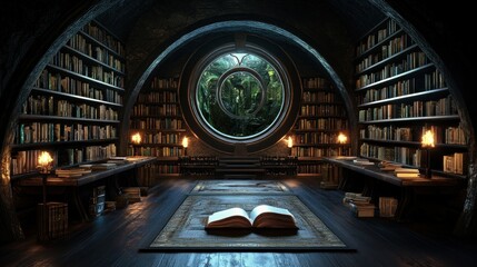Obraz premium Dark fantasy library, open book, lush window, interior