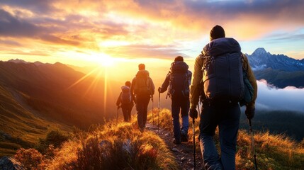 Hikers ascend mountain path at sunrise