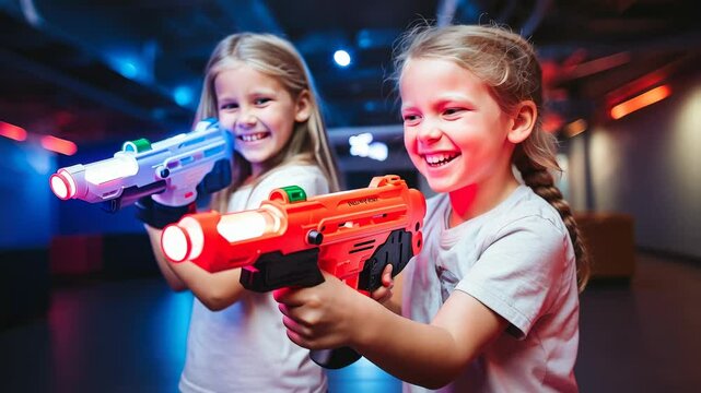 kids with toy guns playing laser tag, playroom, game, entertainment, gun, machine gun, toys, children, boys, girls, party, show, friends, team
