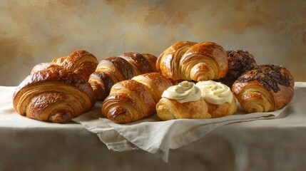 Assorted delicious pastries, croissants, and buns on a linen cloth.