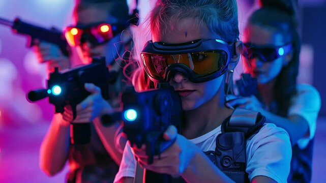 kids with toy guns playing laser tag, playroom, game, entertainment, gun, machine gun, toys, children, boys, girls, party, show, friends, team