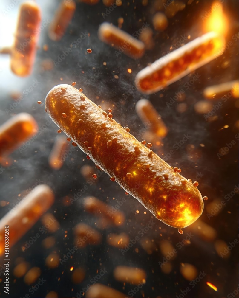 Poster abstract representation of bacteria in motion, showcasing vibrant colors and dynamic lighting effect