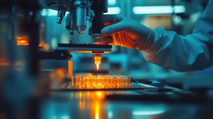 Research experiment in progress, hands adjusting lab equipment