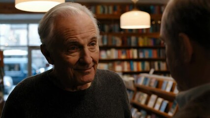 Two elderly White men engage in a meaningful dialogue while surrounded by shelves of books in a quaint bookstore
