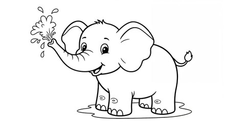 Fototapeta premium Cute cartoon elephant coloring page for kids with playful water spray