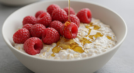 Bircher muesli soaked overnight with fresh raspberries and maple syrup.