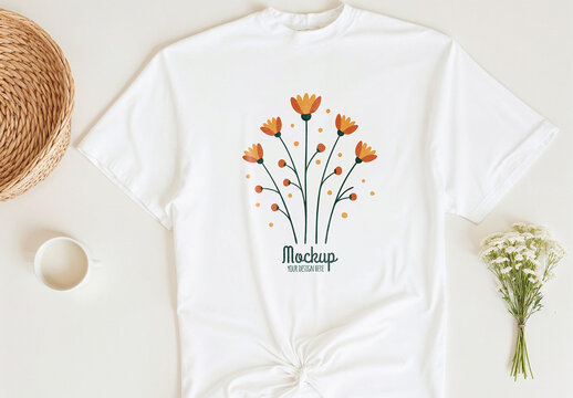 Flat-Lay Studio Shot of a White T-shirt Mockup with Props