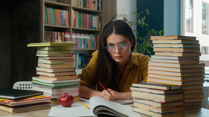 Caucasian woman sad girl high school student teacher writing lesson learning frustrated tired pupil...