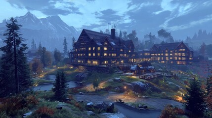Fototapeta premium Mountain lodge at dusk, nestled in a valley with autumnal foliage and snow-capped peaks.