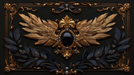 Gold wings, black jewels, ornate frame.