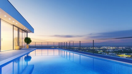 Modern rooftop pool at sunset overlooking a city skyline with tranquil water reflections