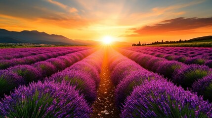 Lavender field sunset, rows of vibrant purple flowers, golden light, picturesque mountain backdrop
