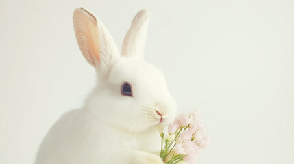 Obraz premium White Bunny Holding Pink Flowers