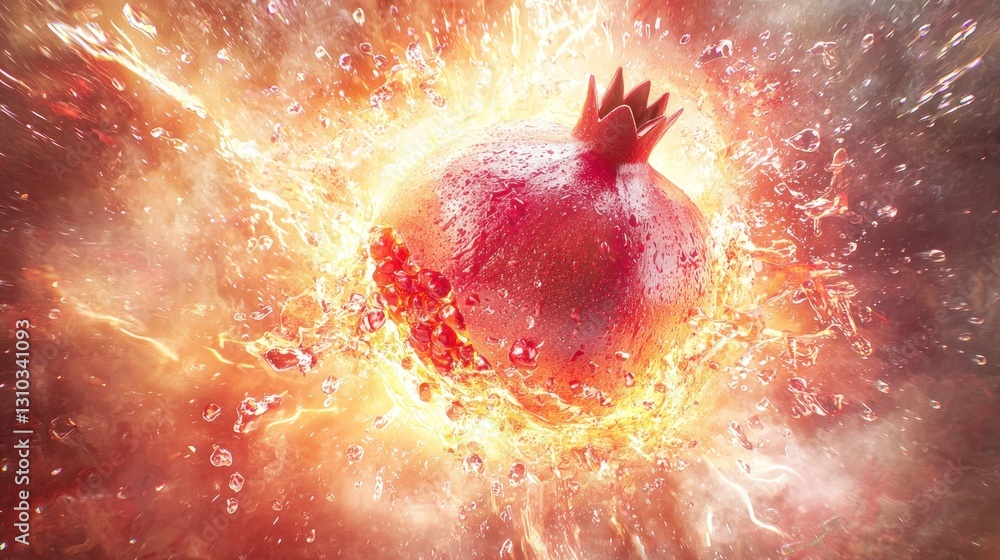 Aufkleber exploding pomegranate with juice splash and fire.