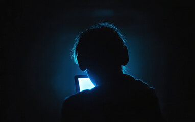 silhouette of a human in headphones sitting in front of a bright screen in the dark 
 - obrazy, fototapety, plakaty