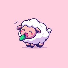 Naklejka premium Cute Sheep Eating Leaf, Pastel Background (1)