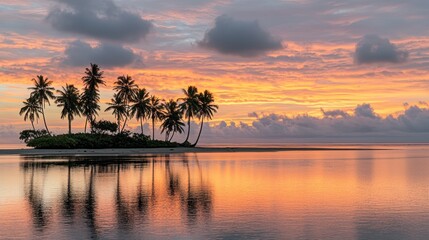 Serene sunrise over tropical island with palm trees reflecting in calm water.