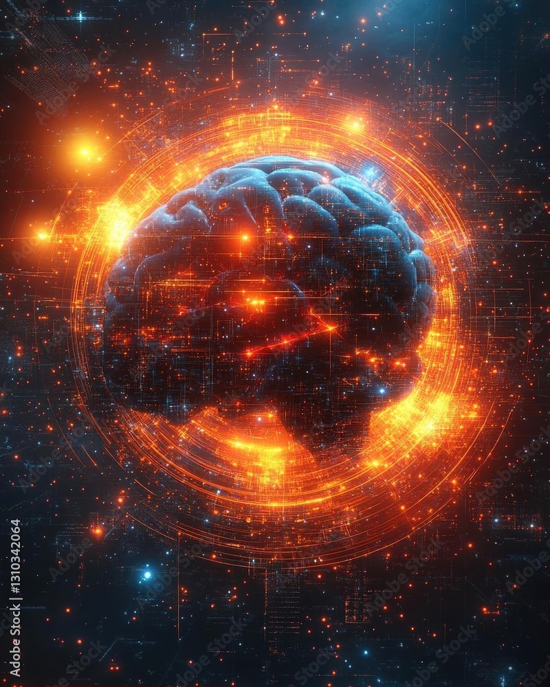 Poster abstract representation of a glowing brain surrounded by digital circuitry and vibrant sparks