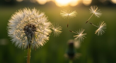 Obraz premium Dandelion seeds dispersing at sunset in a field