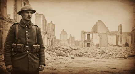 World War I soldier standing amid ruins of destroyed city. Sepia toned historical photograph. Remembrance Day concept. Military history and war devastation imagery.