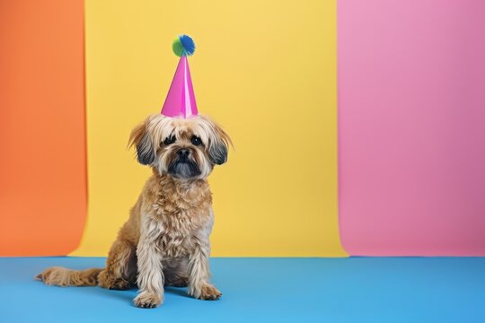 Let’s party! A cute dog in a party hat welcomes you to a fun birthday, with colorful designs and plenty of space for your invitation details.
