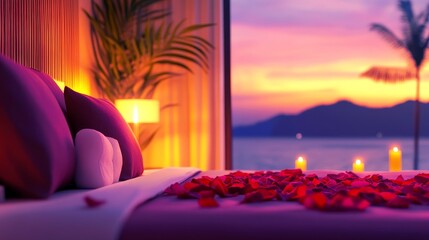 Romantic bedroom setting with rose petal, candles, and sunset view over the ocean