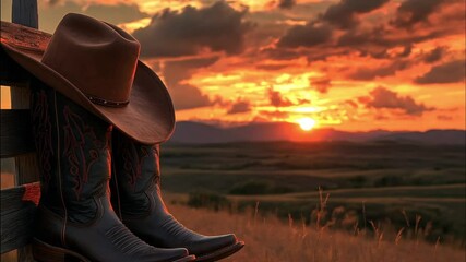 Cowboy boots and hat at sunset over a field.  Possible stock photo use Outdoor western lifestyle image