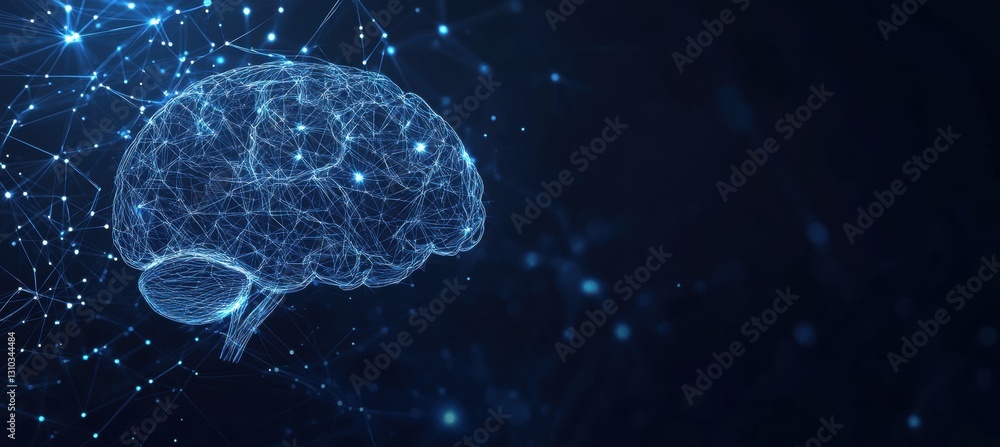 Poster a dark blue background with a simple line drawing of an ai brain made up of glowing lines and dots, 
