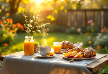 Idyllic Breakfast in the Garden with Croissants, Coffee, and Fresh Fruits.