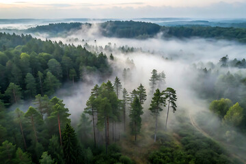 Fototapeta premium A Serene Misty Forest Landscape at Dawn