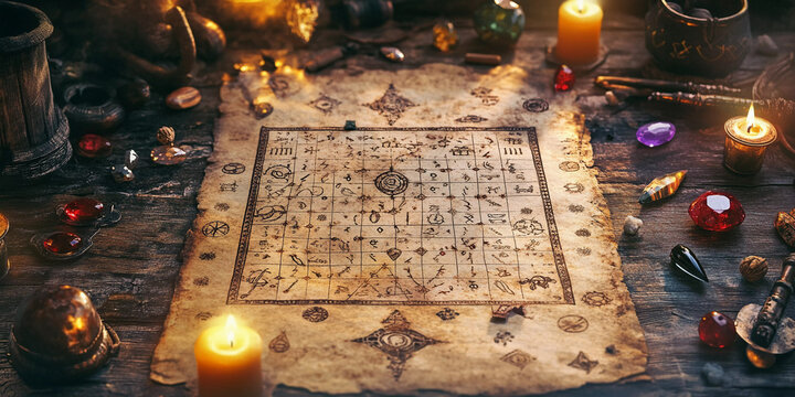Ancient astrology chart on aged parchment surrounded by candles, crystals, and mystical artifacts. A magical setup for divination, zodiac readings, and esoteric knowledge seekers