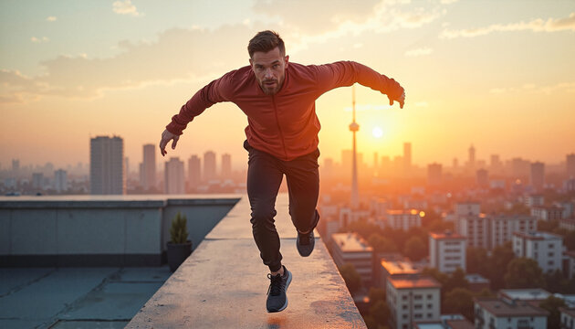 A man experiencing adrenaline while vaulting over a low wall on a rooftop, overlooking a modern city skyline at sunrise, parkour concept.