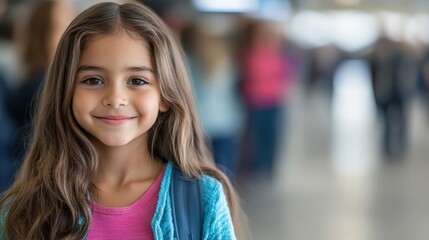 Cheerful 8-Year-Old Girl with Long Brown Hair Smiling in a Busy Airport Terminal While Wearing a Blue Backpack, Capturing a Moment of Joy and Adventure