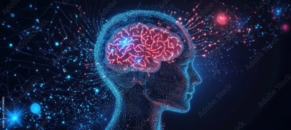 Poster abstract illustration of artificial intelligence with neural networks in dark blue on a background g