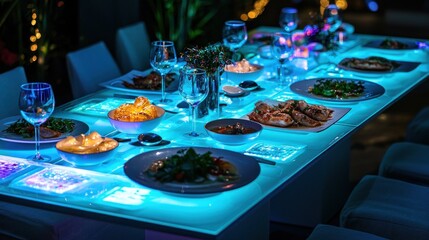 Elegant outdoor dinner party with illuminated table.