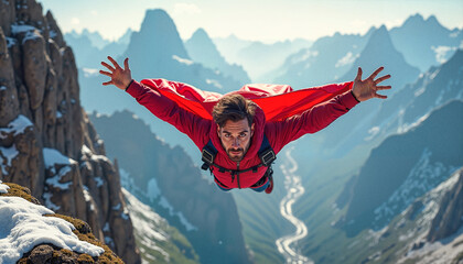A determined man in a bright red wingsuit soaring off a cliff with jagged snow-capped mountains behind him, capturing the essence of adventure and exhilaration.
