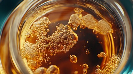 Golden liquid bubbles in glass jar closeup