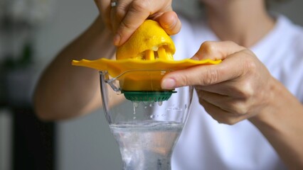 Female hands squeezing ripe yellow lemon with citrus reamer, extracting fresh juice into...