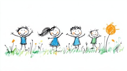 Happy Children Playing and Smiling in a Colorful Nature Scene with Flowers and Sunshine in a Playful Style