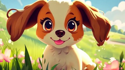 Cute animated puppy enjoying a sunny day in a vibrant flower-filled meadow