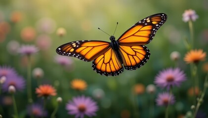 Fototapeta premium Monarch Butterfly Flying Over Meadow with Colorful Flowers in Spring