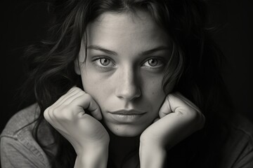 Soft light highlights the contemplative expression of a young woman, her hands resting on her chin as she gazes intently, showcasing a moment of introspection and depth