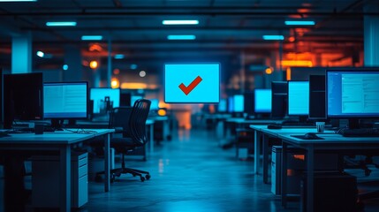 All office computers display a blue screen with a large error message, symbolizing system failure, cybersecurity issues, or a critical technical malfunction.