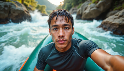 A focused young man navigating a raft through turbulent waters, surrounded by rocky landscapes at sunset, adrenaline-fueled adventure concept.