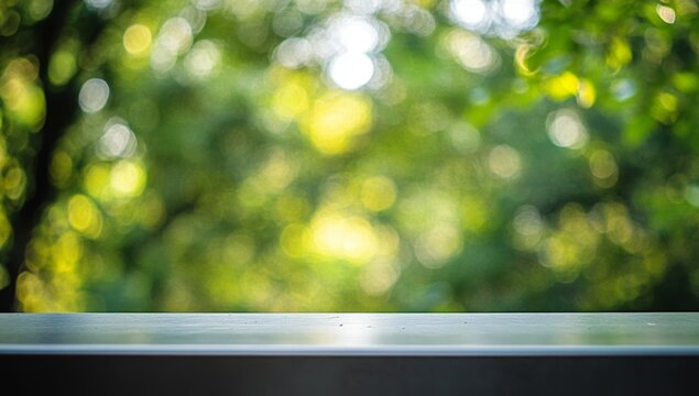 Empty Outdoor Tabletop with Blurry Green Trees - Powered by Adobe