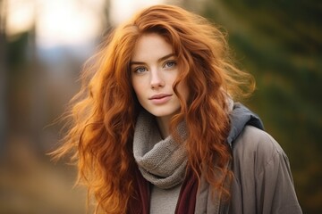Naklejka premium Golden leaves swirl around as a young woman with stunning red curls enjoys a serene moment outdoors. Warm hues create a magical atmosphere in the backdrop of nature's beauty