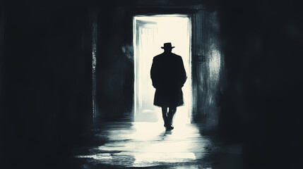 Obraz premium A shadowy figure: the detective walks on, his purpose unknown. Secretive - Doorway. Illustration