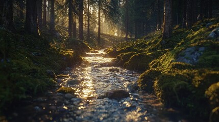 Obraz premium Sunlit stream flowing through a mossy forest. (1)