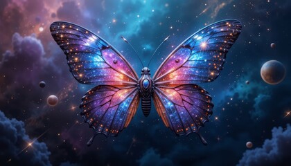 Cosmic Butterfly with Galaxy Wings Floating Through Space and Starfield